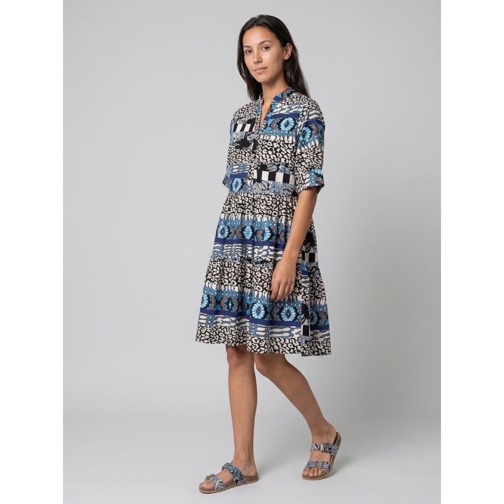 Leo & Ugo Paris Mixed Print Tiered Mini Dress Blue Black White Short Sleeve Sz 0